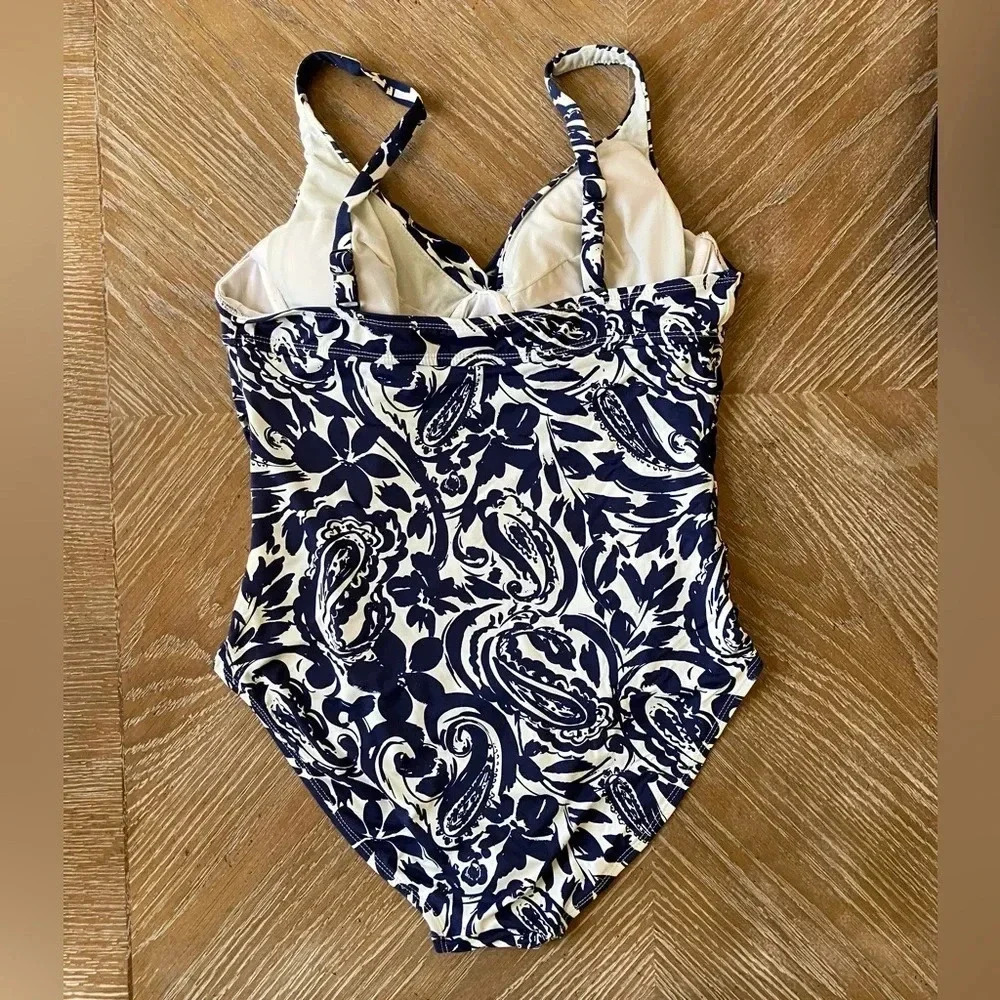 Liz Claiborne Navy & White Paisley & Floral One Piece Swimsuit Size 10 - Picture 2 of 6